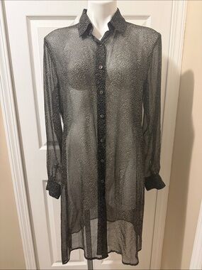 Robbie Bee Sheer Black Silk Long Button-Down Cover-Up, Size 10